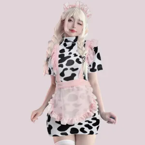 Cute Cow Maid Costume Anime Cow Print Lingerie Set Pink Mesh Maid Apron Babydoll Dress