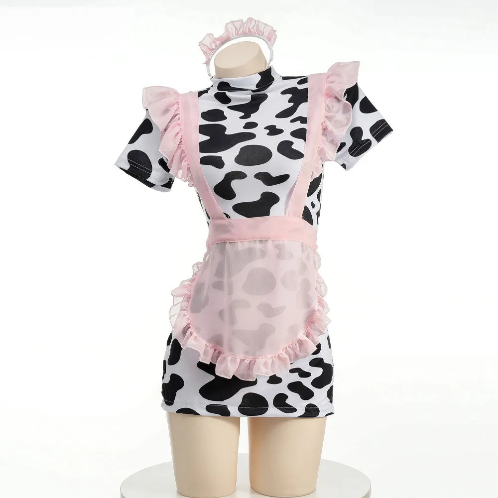 Cute Cow Maid Costume Anime Cow Print Lingerie Set Pink Mesh Maid Apron Babydoll Dress
