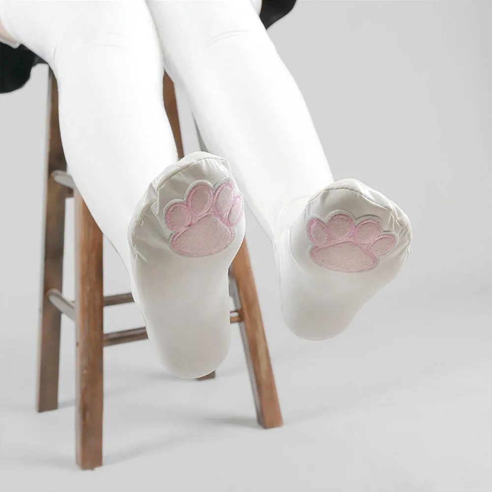 Cute Latex Thigh High Stocking 2 Color Shiny Faux Leather Cat Paw Thigh High Socks