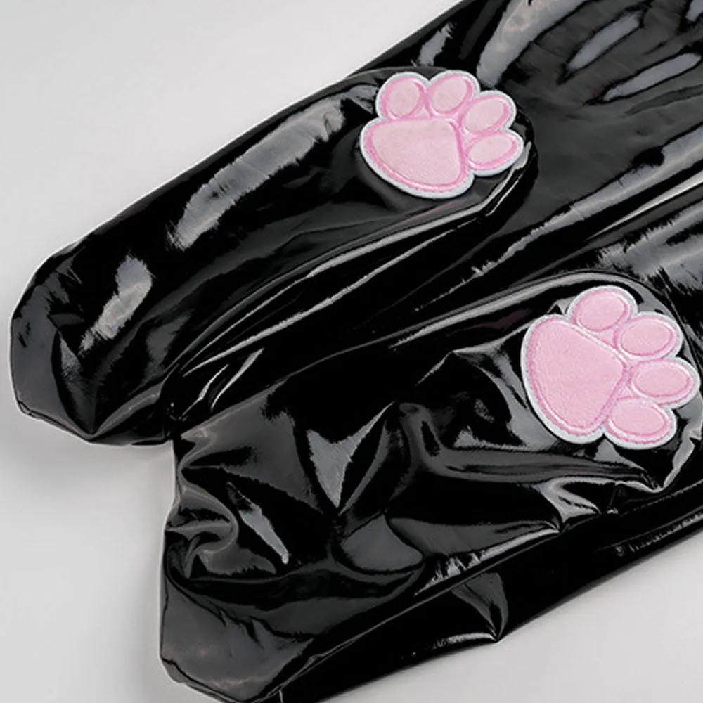 Cute Latex Thigh High Stocking 2 Color Shiny Faux Leather Cat Paw Thigh High Socks