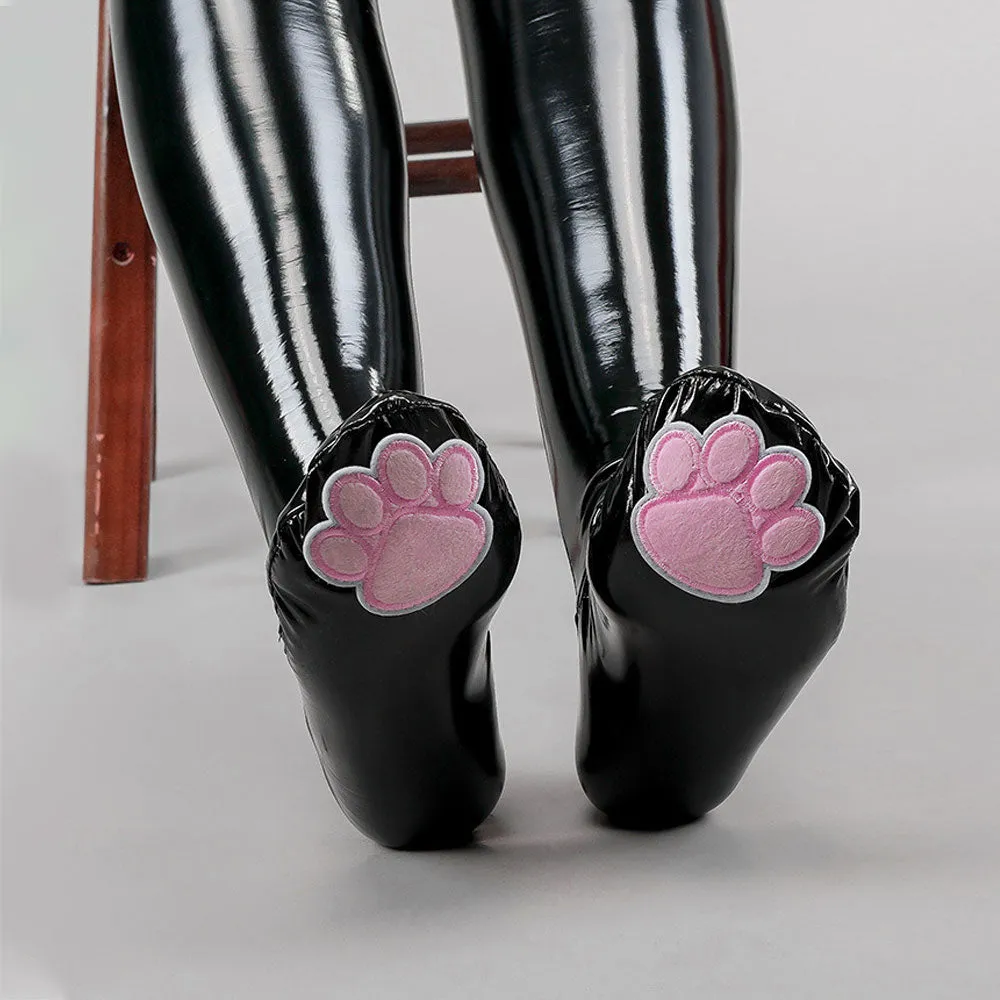Cute Latex Thigh High Stocking 2 Color Shiny Faux Leather Cat Paw Thigh High Socks