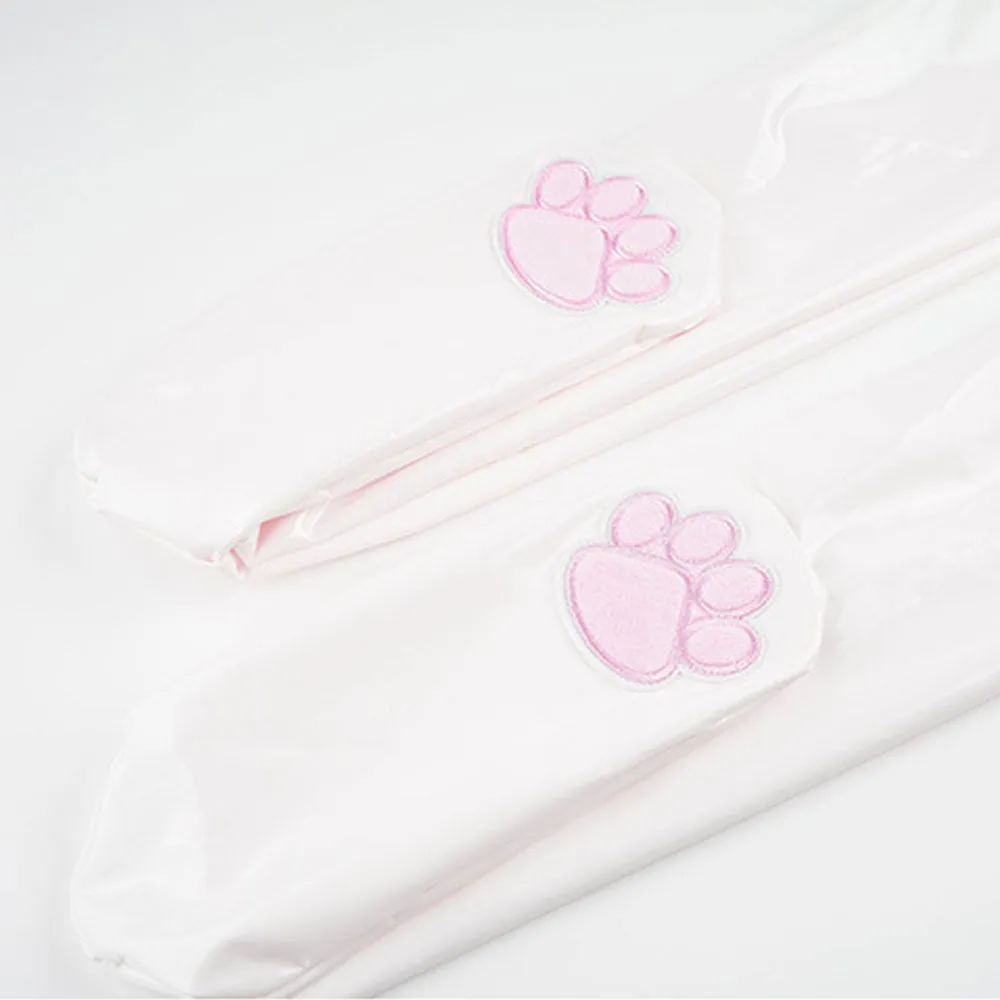 Cute Latex Thigh High Stocking 2 Color Shiny Faux Leather Cat Paw Thigh High Socks