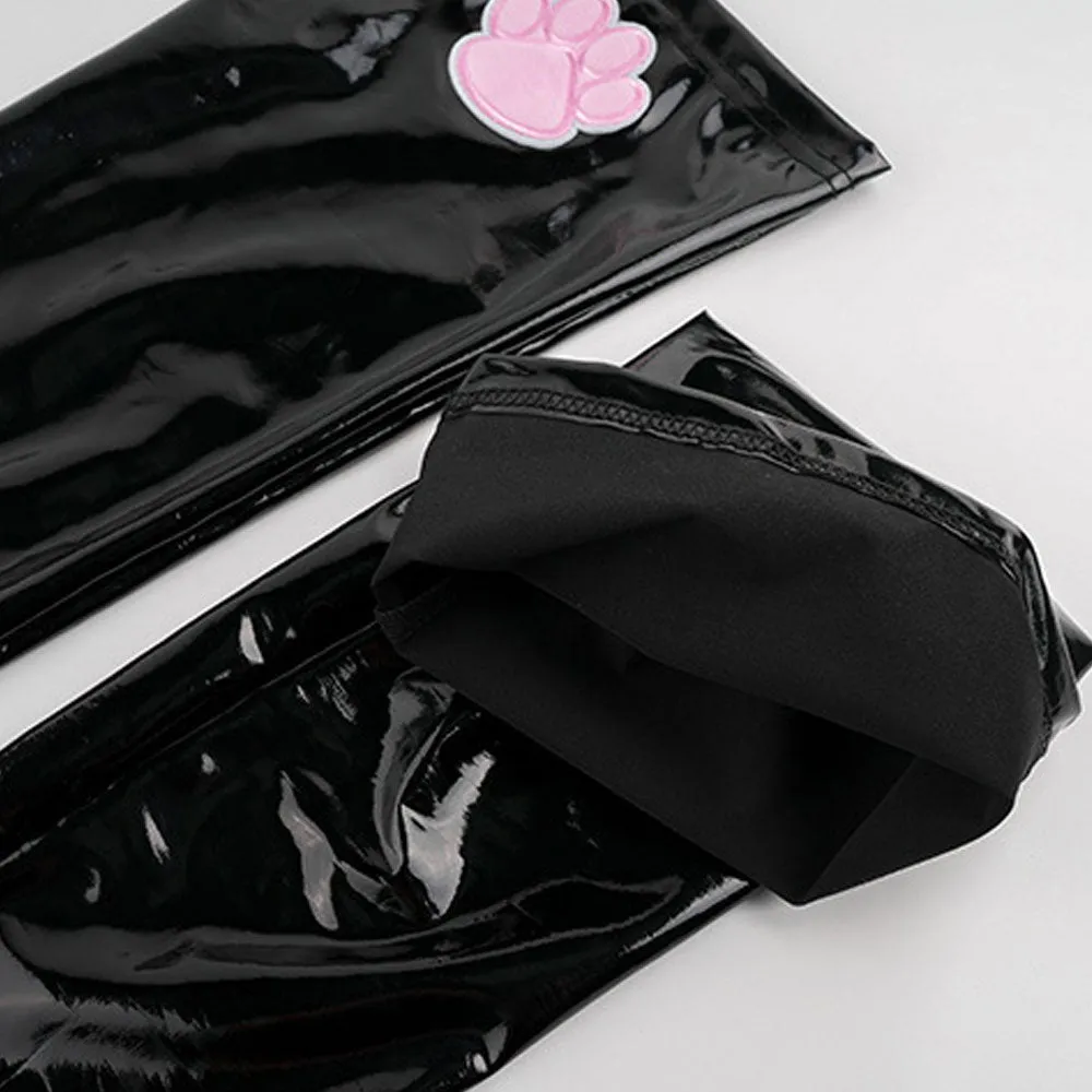 Cute Latex Thigh High Stocking 2 Color Shiny Faux Leather Cat Paw Thigh High Socks