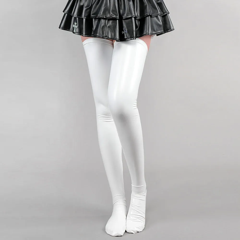 Cute Latex Thigh High Stocking 2 Color Shiny Faux Leather Cat Paw Thigh High Socks