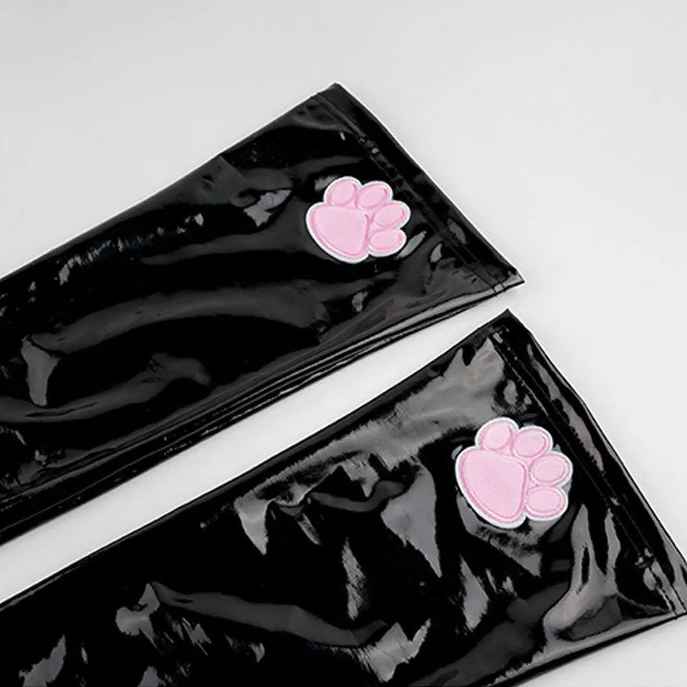 Cute Latex Thigh High Stocking 2 Color Shiny Faux Leather Cat Paw Thigh High Socks