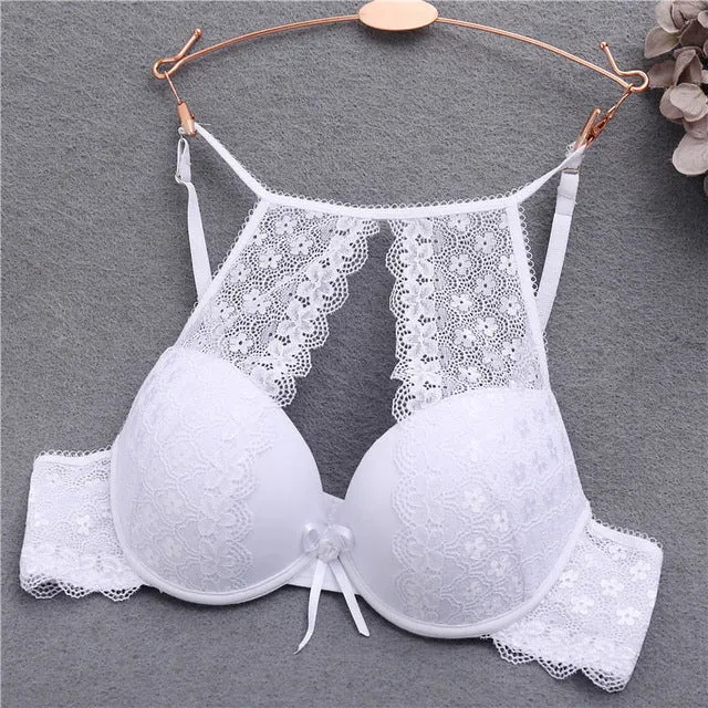 Fashion Lace Bra Sexy Bras For Women B C Cup Underwear Hanging Neck Unlined Brassiere Female Hollow Floral Lingerie New Arrival