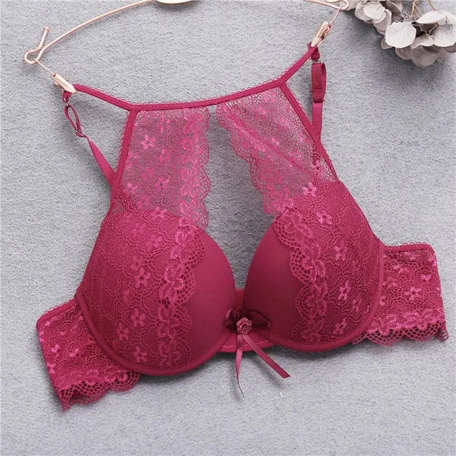 Fashion Lace Bra Sexy Bras For Women B C Cup Underwear Hanging Neck Unlined Brassiere Female Hollow Floral Lingerie New Arrival