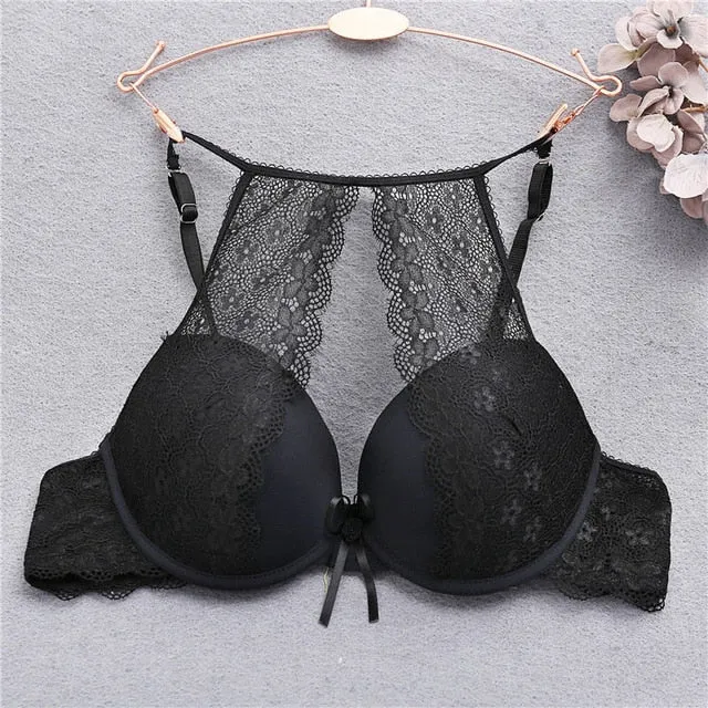 Fashion Lace Bra Sexy Bras For Women B C Cup Underwear Hanging Neck Unlined Brassiere Female Hollow Floral Lingerie New Arrival