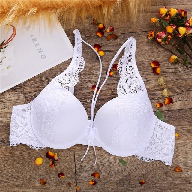 Fashion Lace Bra Sexy Bras For Women B C Cup Underwear Hanging Neck Unlined Brassiere Female Hollow Floral Lingerie New Arrival