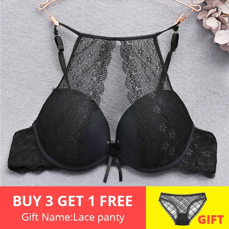 Fashion Lace Bra Sexy Bras For Women B C Cup Underwear Hanging Neck Unlined Brassiere Female Hollow Floral Lingerie New Arrival