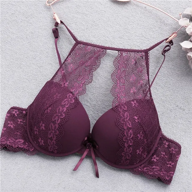Fashion Lace Bra Sexy Bras For Women B C Cup Underwear Hanging Neck Unlined Brassiere Female Hollow Floral Lingerie New Arrival