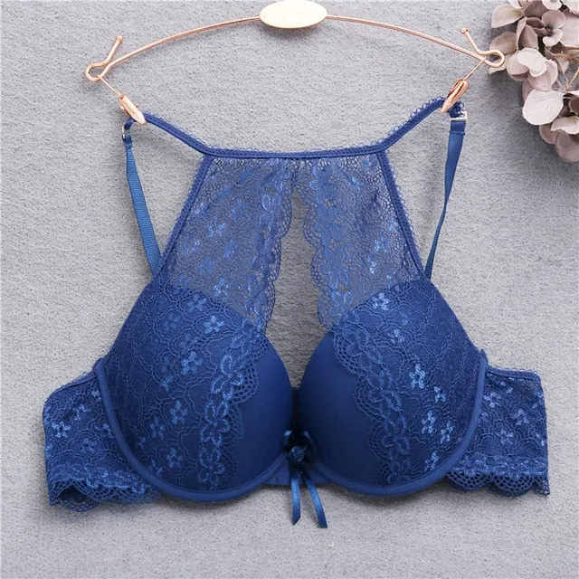 Fashion Lace Bra Sexy Bras For Women B C Cup Underwear Hanging Neck Unlined Brassiere Female Hollow Floral Lingerie New Arrival