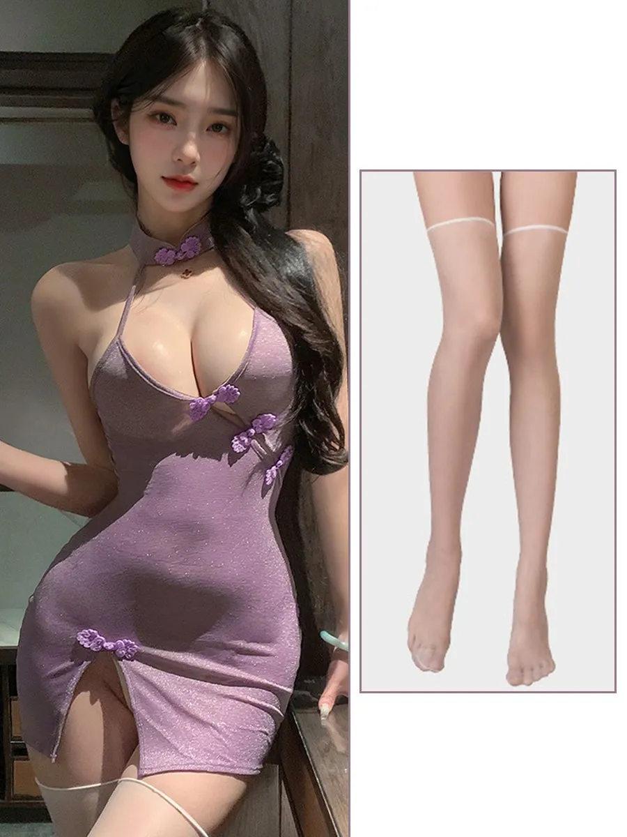 Glitter Purple Slit Cheongsam Dress