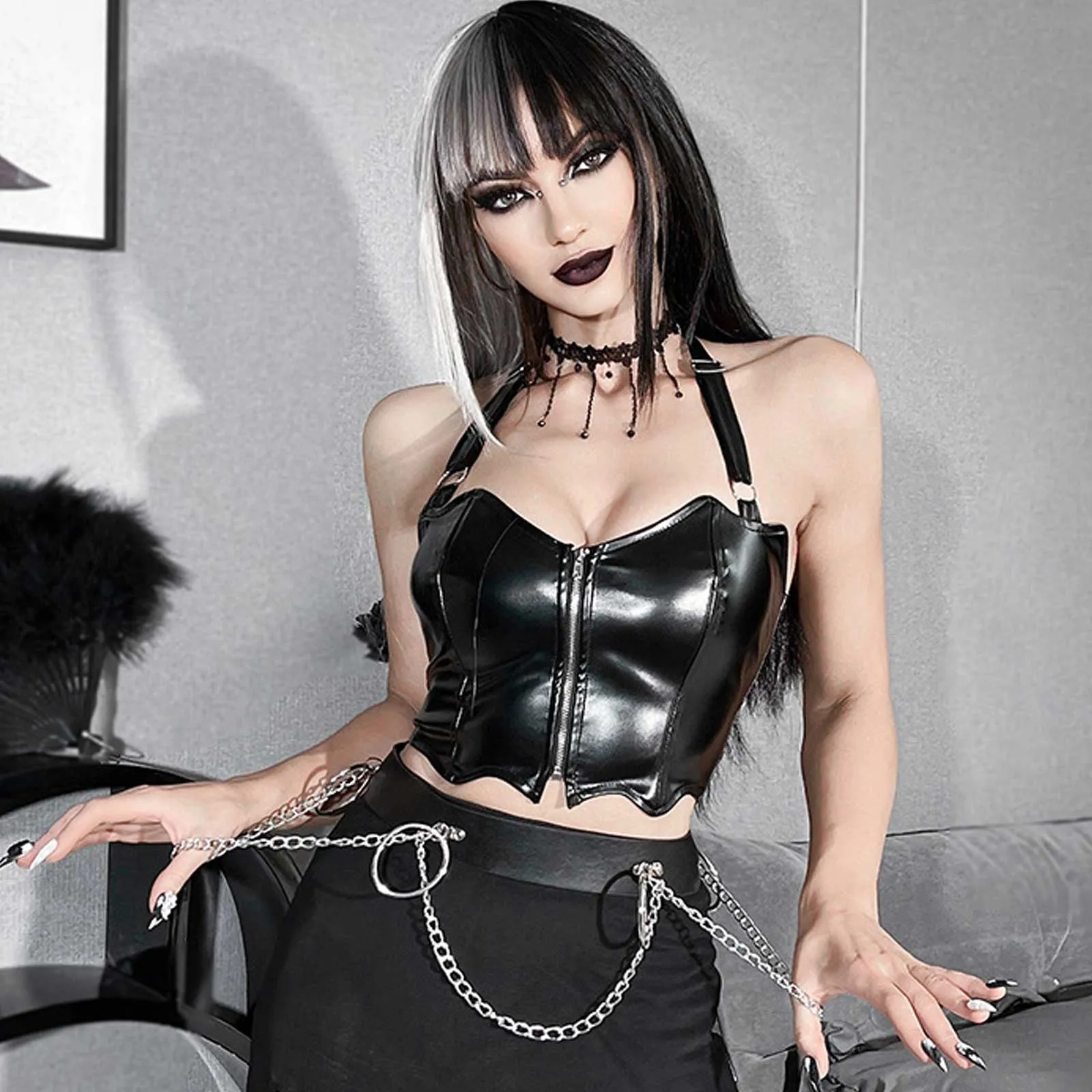 Gothic Zipper Up Halter Top