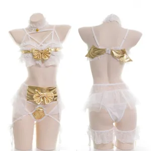 Japanese Lingerie Little Golden Devil Girl Sexy Cute Women's White Lace Sleepwear Wings Lace Lingerie Set Open Cup Bra Lenceria