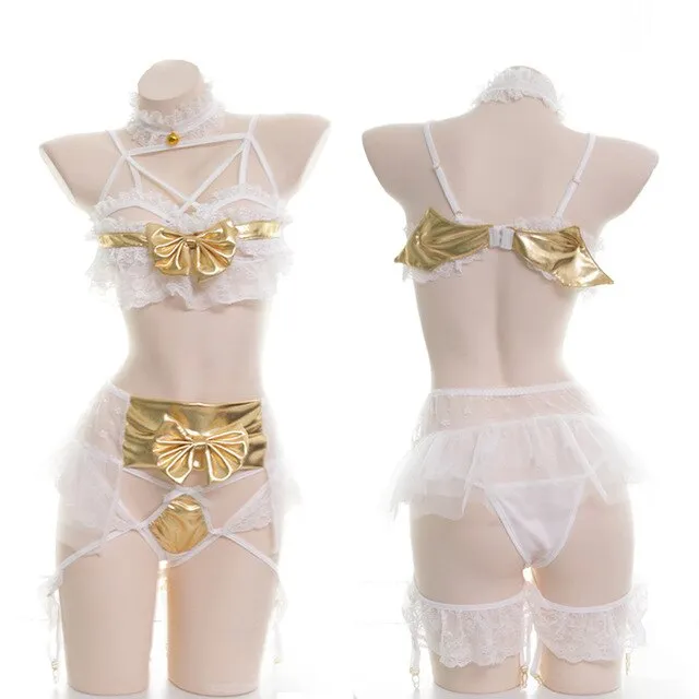 Japanese Lingerie Little Golden Devil Girl Sexy Cute Women's White Lace Sleepwear Wings Lace Lingerie Set Open Cup Bra Lenceria