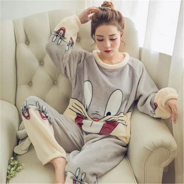 JULY'S SONG Women Pajama Sets 2019 Autumn Winter Pajamas Flannel Cartoon Thick Warm Women Sleepwear Cute Animal Female Homewear