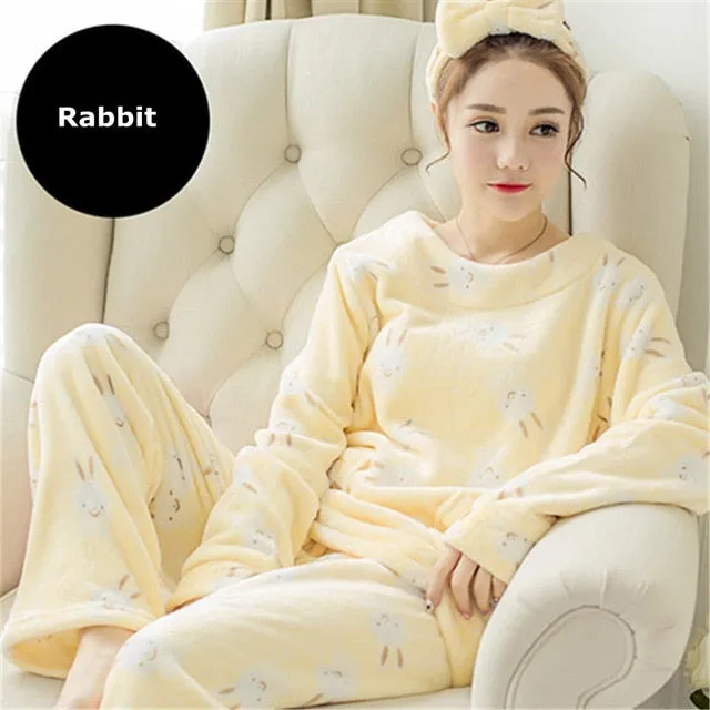 JULY'S SONG Women Pajama Sets 2019 Autumn Winter Pajamas Flannel Cartoon Thick Warm Women Sleepwear Cute Animal Female Homewear