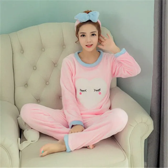 JULY'S SONG Women Pajama Sets 2019 Autumn Winter Pajamas Flannel Cartoon Thick Warm Women Sleepwear Cute Animal Female Homewear