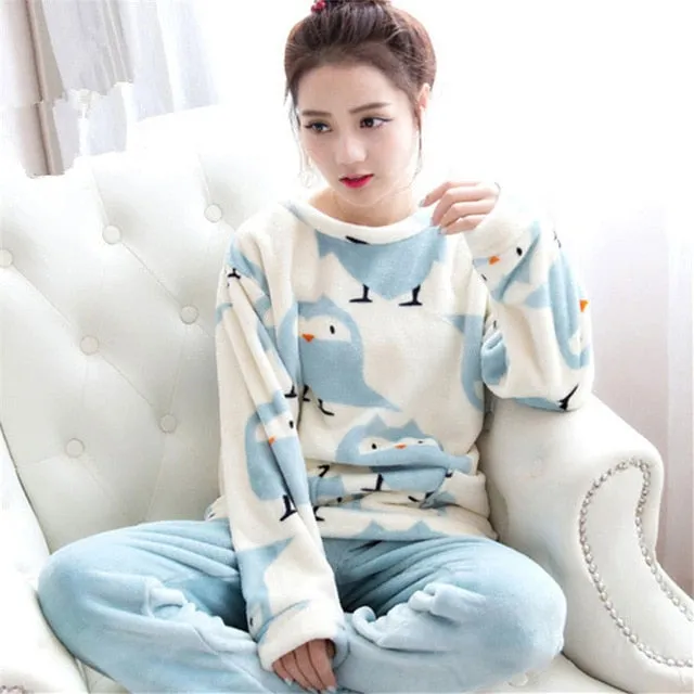 JULY'S SONG Women Pajama Sets 2019 Autumn Winter Pajamas Flannel Cartoon Thick Warm Women Sleepwear Cute Animal Female Homewear