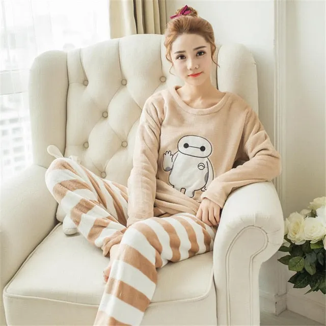 JULY'S SONG Women Pajama Sets 2019 Autumn Winter Pajamas Flannel Cartoon Thick Warm Women Sleepwear Cute Animal Female Homewear