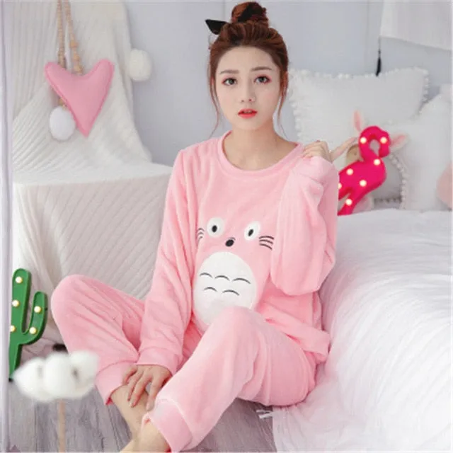 JULY'S SONG Women Pajama Sets 2019 Autumn Winter Pajamas Flannel Cartoon Thick Warm Women Sleepwear Cute Animal Female Homewear