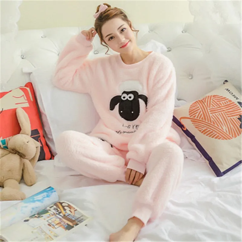 JULY'S SONG Women Pajama Sets 2019 Autumn Winter Pajamas Flannel Cartoon Thick Warm Women Sleepwear Cute Animal Female Homewear
