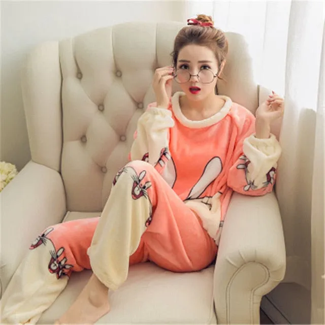 JULY'S SONG Women Pajama Sets 2019 Autumn Winter Pajamas Flannel Cartoon Thick Warm Women Sleepwear Cute Animal Female Homewear