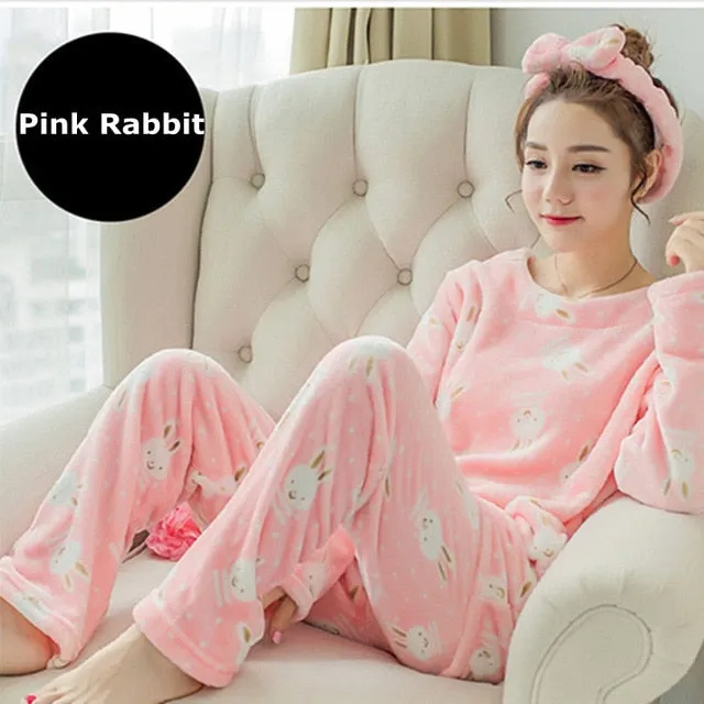 JULY'S SONG Women Pajama Sets 2019 Autumn Winter Pajamas Flannel Cartoon Thick Warm Women Sleepwear Cute Animal Female Homewear