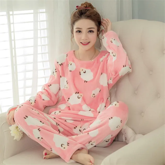 JULY'S SONG Women Pajama Sets 2019 Autumn Winter Pajamas Flannel Cartoon Thick Warm Women Sleepwear Cute Animal Female Homewear