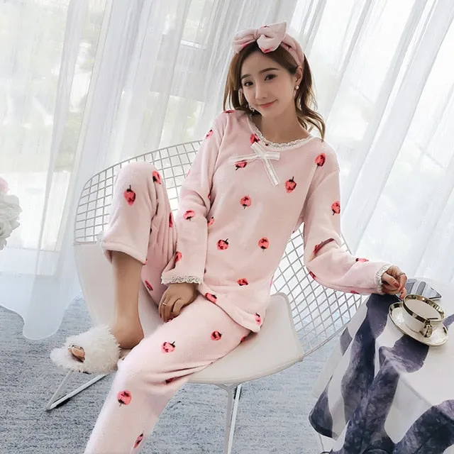 JULY'S SONG Women Pajama Sets 2019 Autumn Winter Pajamas Flannel Cartoon Thick Warm Women Sleepwear Cute Animal Female Homewear