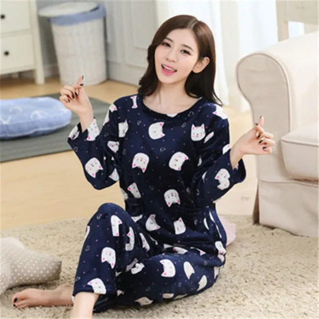 JULY'S SONG Women Pajama Sets 2019 Autumn Winter Pajamas Flannel Cartoon Thick Warm Women Sleepwear Cute Animal Female Homewear