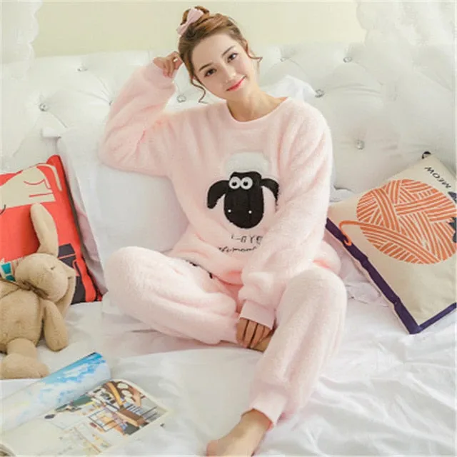 JULY'S SONG Women Pajama Sets 2019 Autumn Winter Pajamas Flannel Cartoon Thick Warm Women Sleepwear Cute Animal Female Homewear