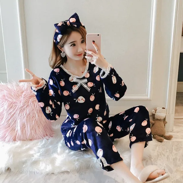 JULY'S SONG Women Pajama Sets 2019 Autumn Winter Pajamas Flannel Cartoon Thick Warm Women Sleepwear Cute Animal Female Homewear