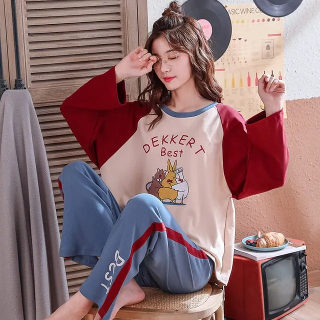 JULY'S SONG Women Pajamas Set Spring Autumn New Thin Cartoon Printed Long Sleeve Cute Sleepwear Casual Homewear Female Pyjamas