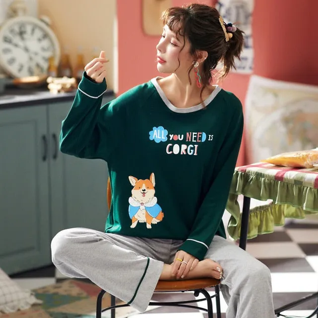 JULY'S SONG Women Pajamas Set Spring Autumn New Thin Cartoon Printed Long Sleeve Cute Sleepwear Casual Homewear Female Pyjamas