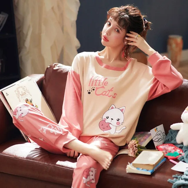 JULY'S SONG Women Pajamas Set Spring Autumn New Thin Cartoon Printed Long Sleeve Cute Sleepwear Casual Homewear Female Pyjamas