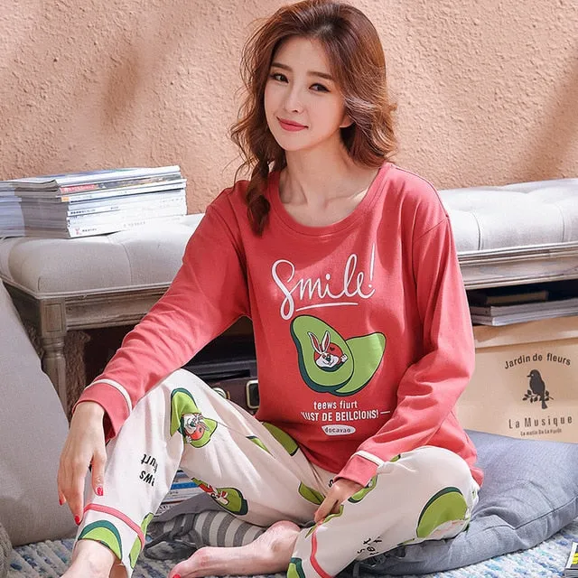 JULY'S SONG Women Pajamas Set Spring Autumn New Thin Cartoon Printed Long Sleeve Cute Sleepwear Casual Homewear Female Pyjamas