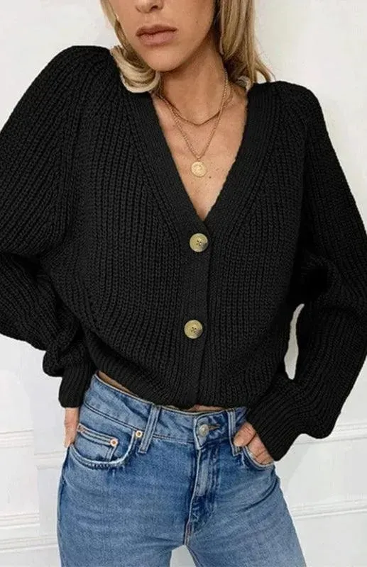 Lantern Sleeve Button  Women Cardigan Sweater
