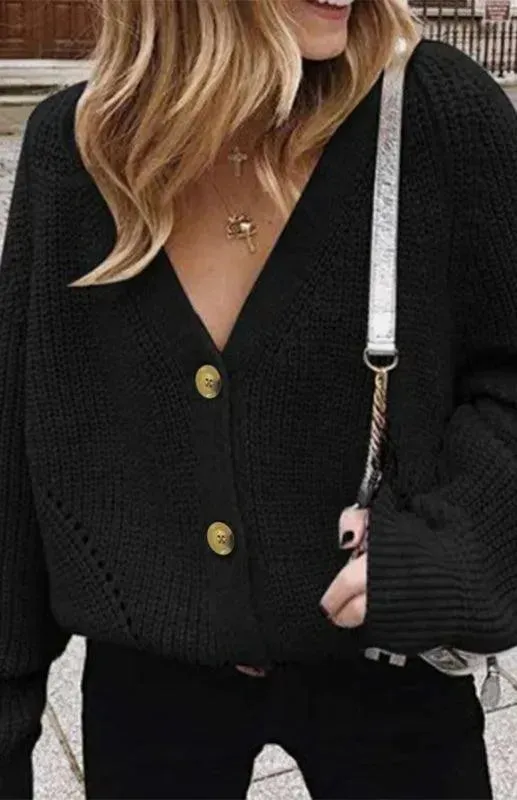 Lantern Sleeve Button  Women Cardigan Sweater