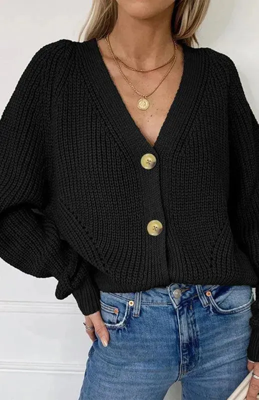 Lantern Sleeve Button  Women Cardigan Sweater