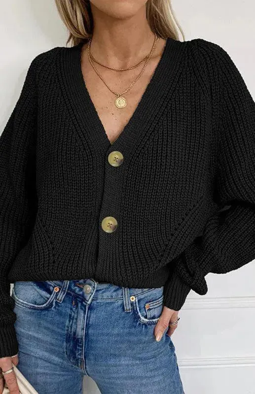 Lantern Sleeve Button  Women Cardigan Sweater
