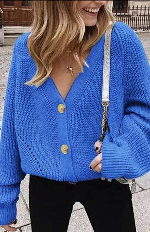 Lantern Sleeve Button  Women Cardigan Sweater