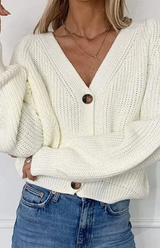 Lantern Sleeve Button  Women Cardigan Sweater