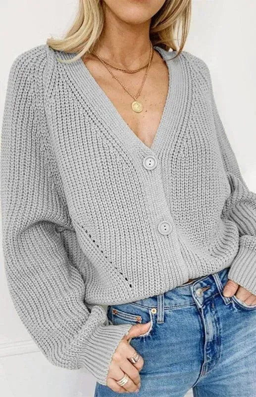 Lantern Sleeve Button  Women Cardigan Sweater