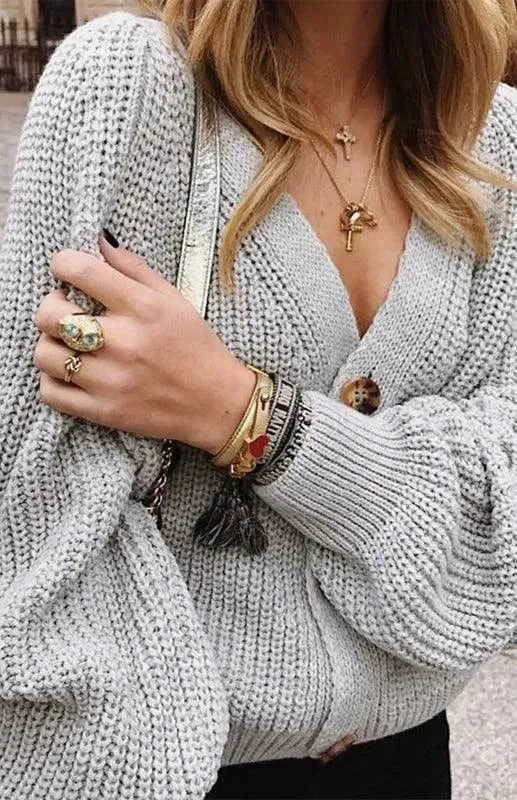Lantern Sleeve Button  Women Cardigan Sweater