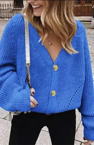 Lantern Sleeve Button  Women Cardigan Sweater