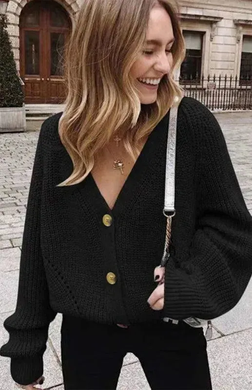 Lantern Sleeve Button  Women Cardigan Sweater