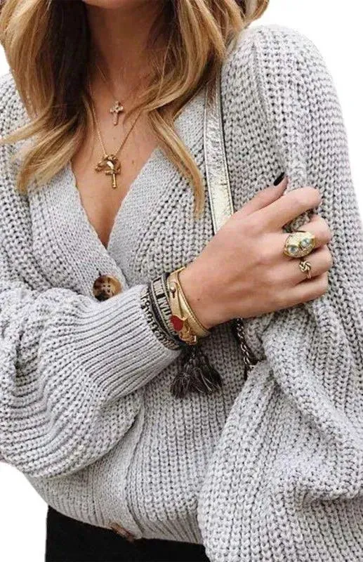 Lantern Sleeve Button  Women Cardigan Sweater