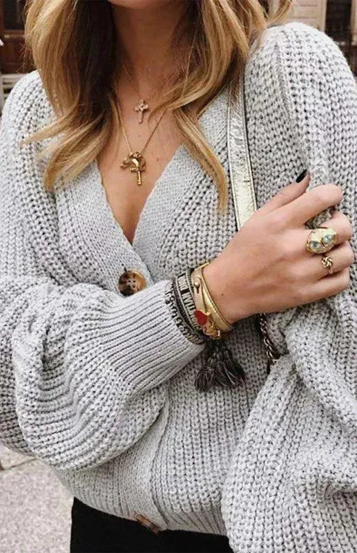 Lantern Sleeve Button  Women Cardigan Sweater
